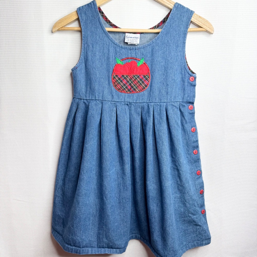 Samara Girls Denim Apple Basket Jumper Dress 4T-5T Back To School Fall Vintage